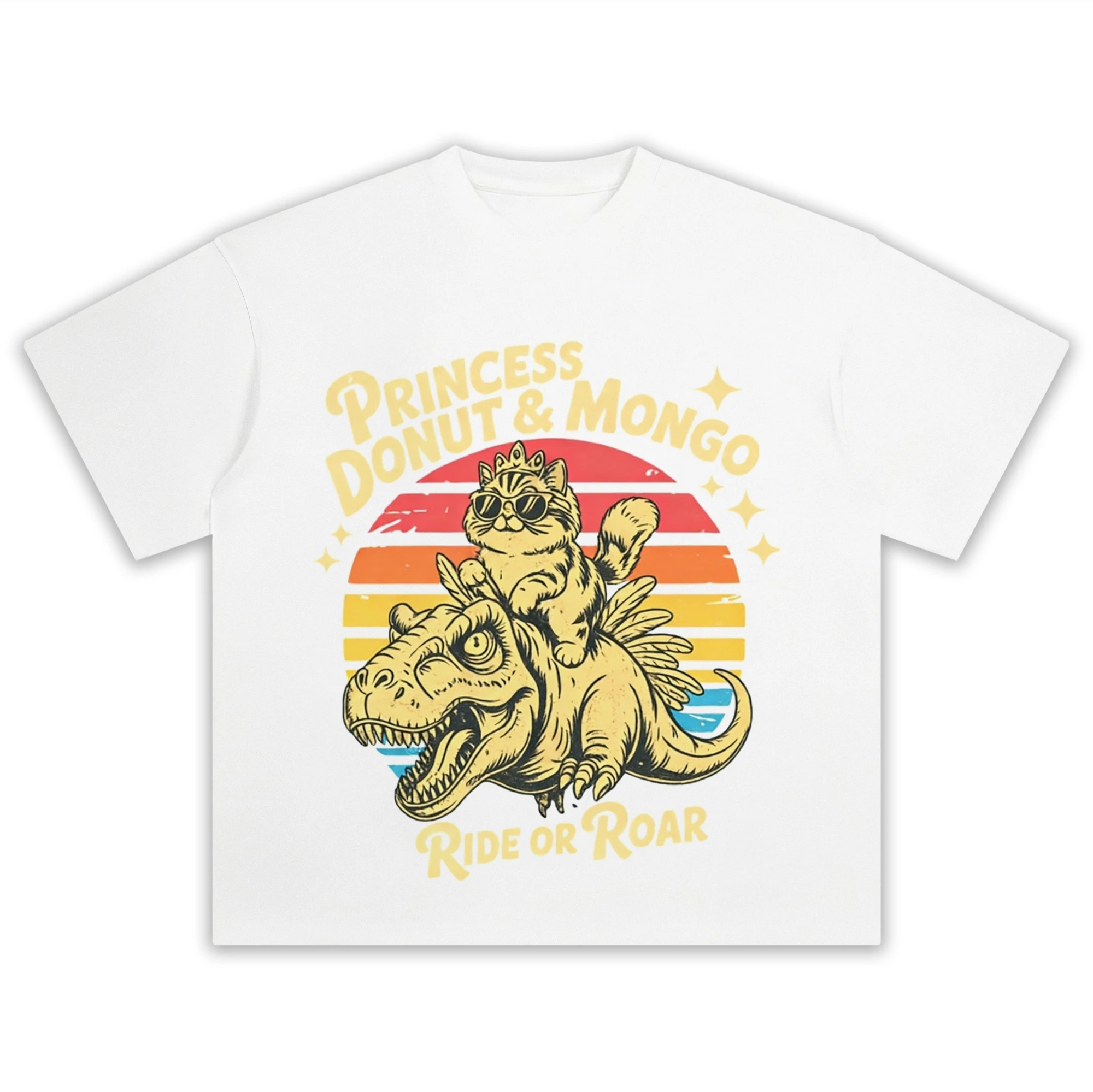 Princess Donut & Mongo Ride or Roar Cat Dinosaur T-Shirt Men Retro Graphic Print Casual Short Sleeve Tee Tops