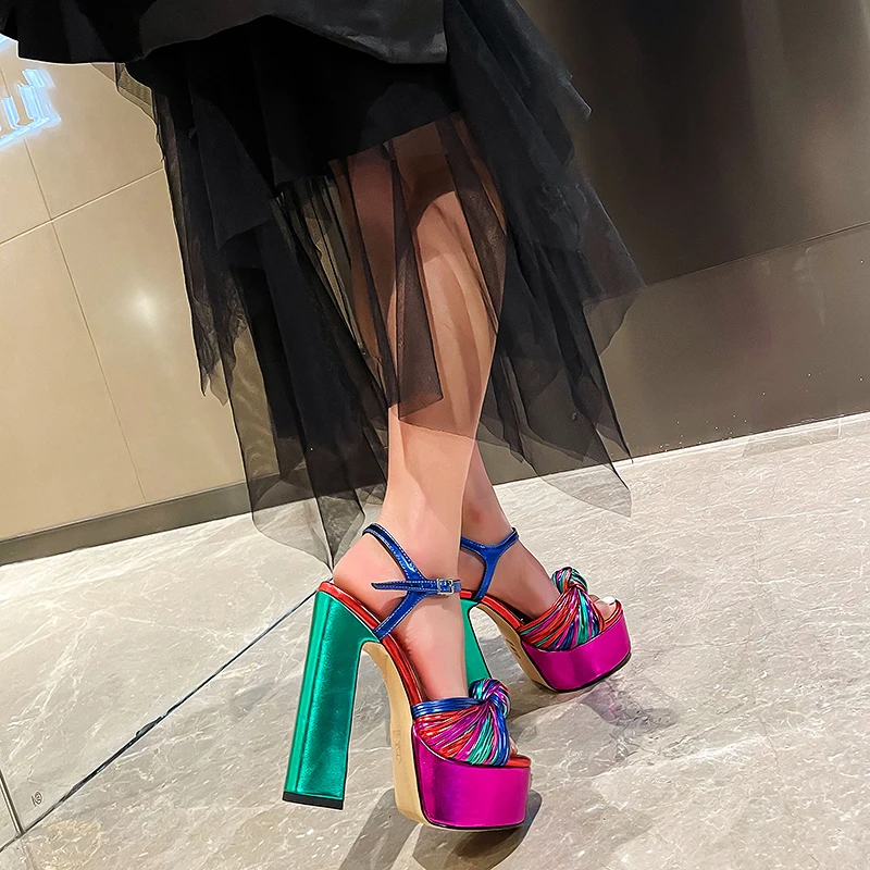 Sandalias de tacón alto sexys grueso con plataforma y Punta abierta para mujer, zapatos de gladiador con colores combinados, a la moda, para fiesta