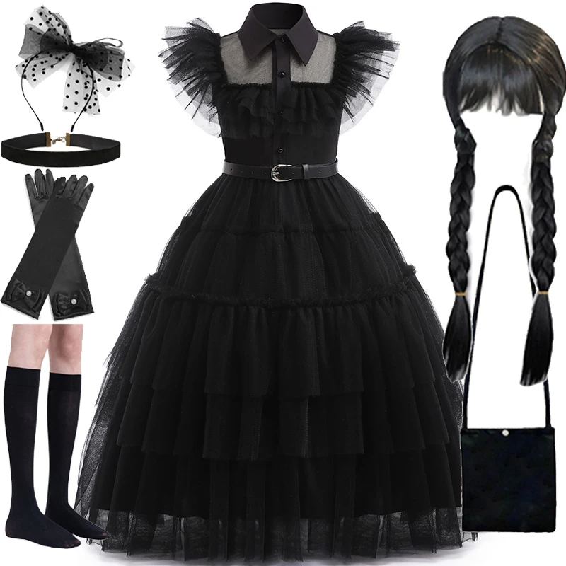 New Girls Wednesday Dress Children Addams Halloween Black Family Clothes Kids Dancing Cosplay Costume Princess Christmas Fantasy