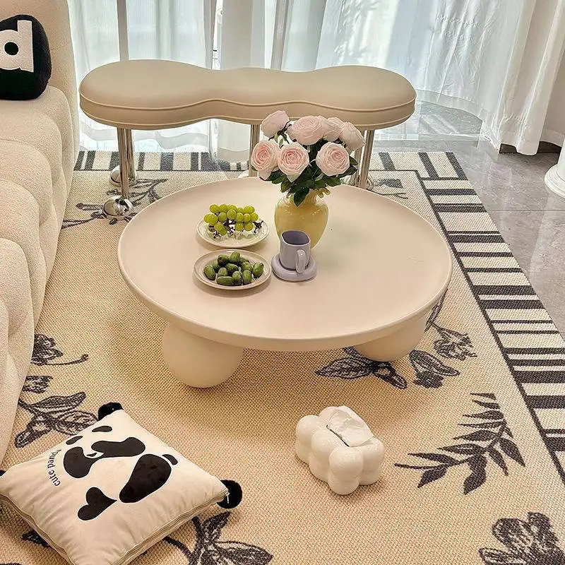 Creamy Round Coffee Table for Small Space, Carbon Steel Center Piece, Stable Thick Leg, Anti Knock Furniture for Living Room