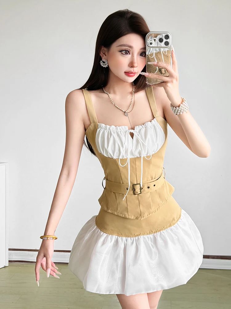 SylCue Contrast Patchwork Mini Skirts Woman Autumn Trend Elastic Waist Furry Hem Daily Y2K Style Ruched Elegant Short Bottoms