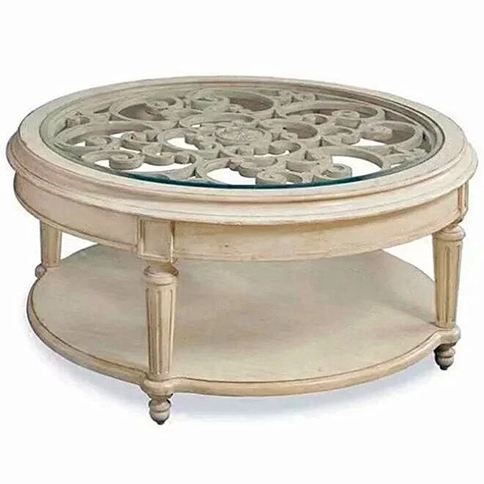 American living room furniture antiqued white tempering glass top wooden round coffee table design