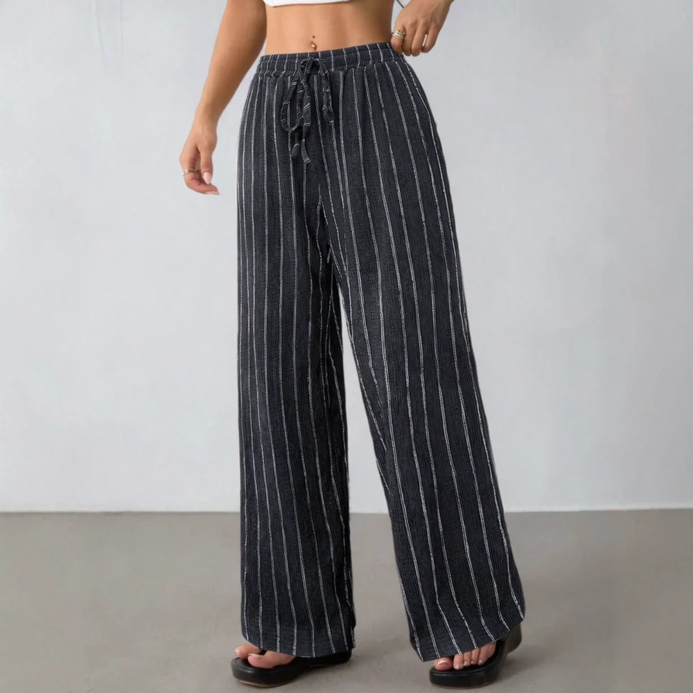 Elegant Wide Leg Trousers For Women Casual Loose Fit Drawstring Waist Striped Color Block Comfortable Fashionable Pants