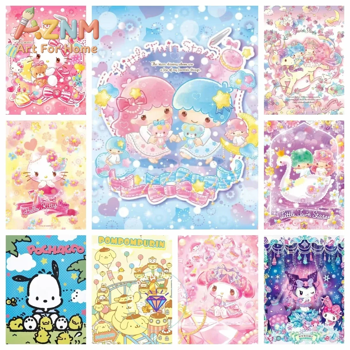 AZNM Sanrio Little Twin Stars Hello Kitty Pochacco Pompompurin Kuromi Canvas Poster Cute Cartoon Unframed Wall Art Decor