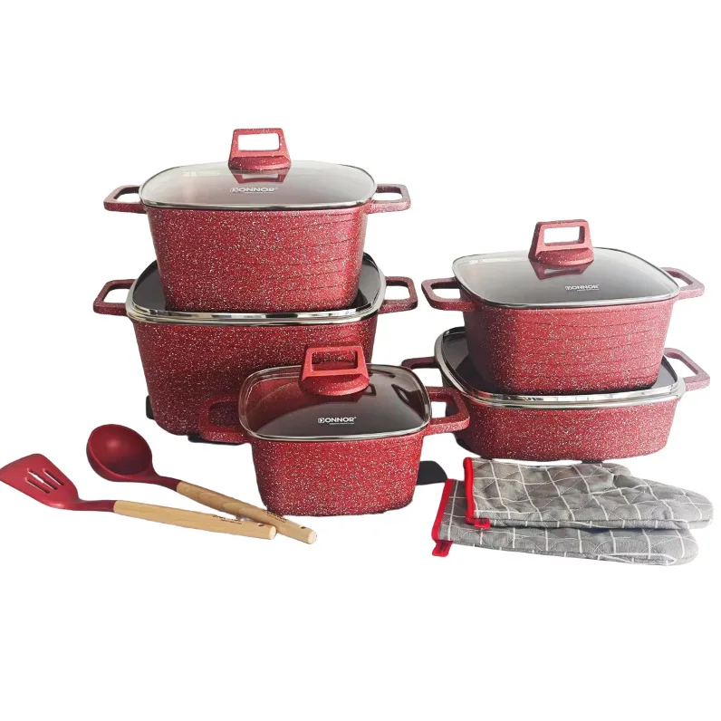 Elite 16 Item Forged Nonstick Square Pot Set 20-32CM Casserole 28CM Shallow Pan Speckled Finish Even Heat Distribution Tool