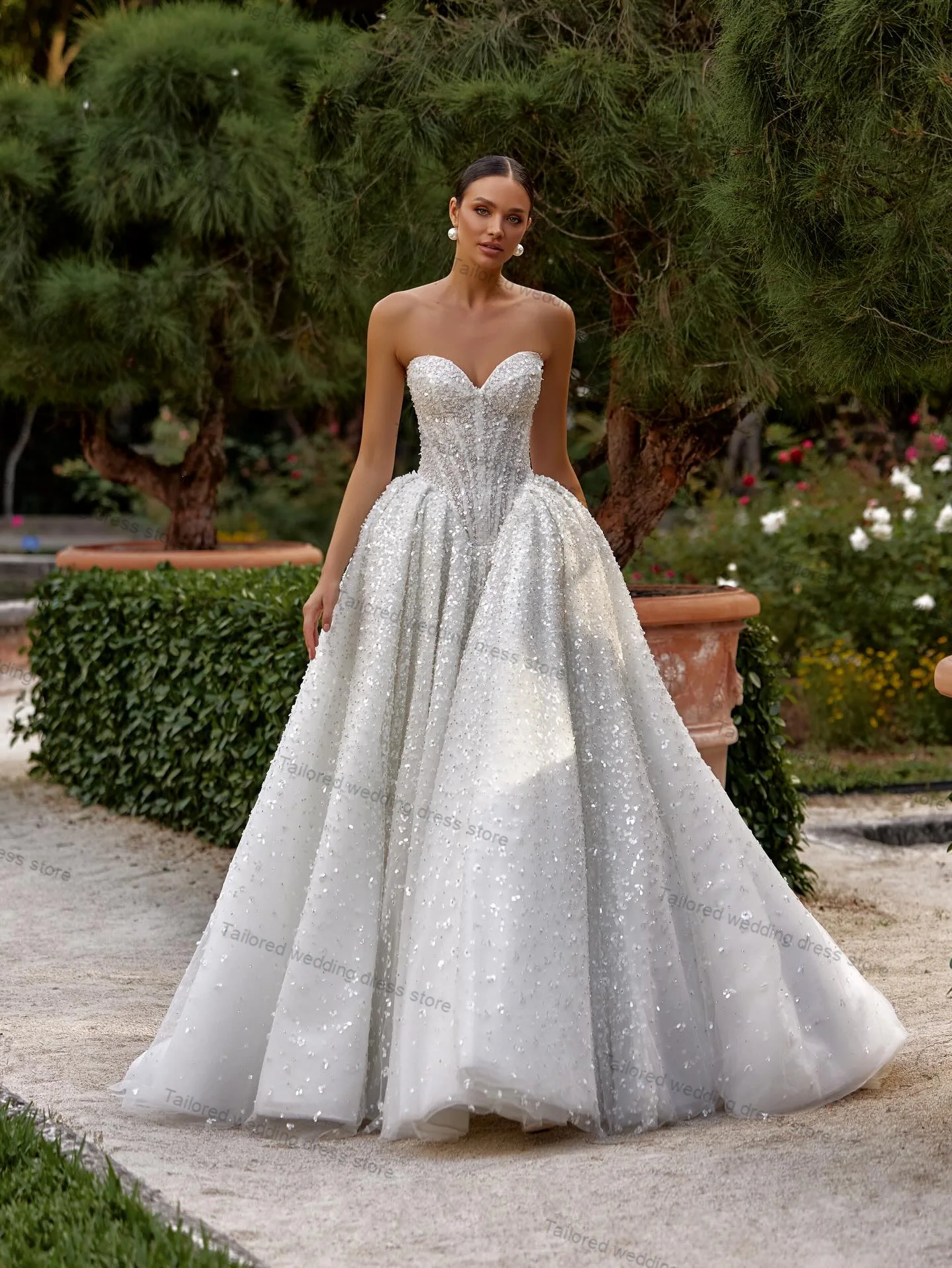 

Роскошное свадебное платье с жемчугом и бисером, сексуальное свадебное вечернее платье трапециевидной формы без рукавов, длинное платье для гостей на шнуровке сзади по индивидуальному заказу