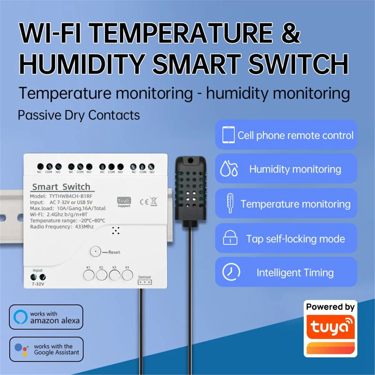 Tuya WiFi 4 Channel Smart Switch with Temperature and Humidity Sensor 7-32V 10A 433MHZ Relay for Home