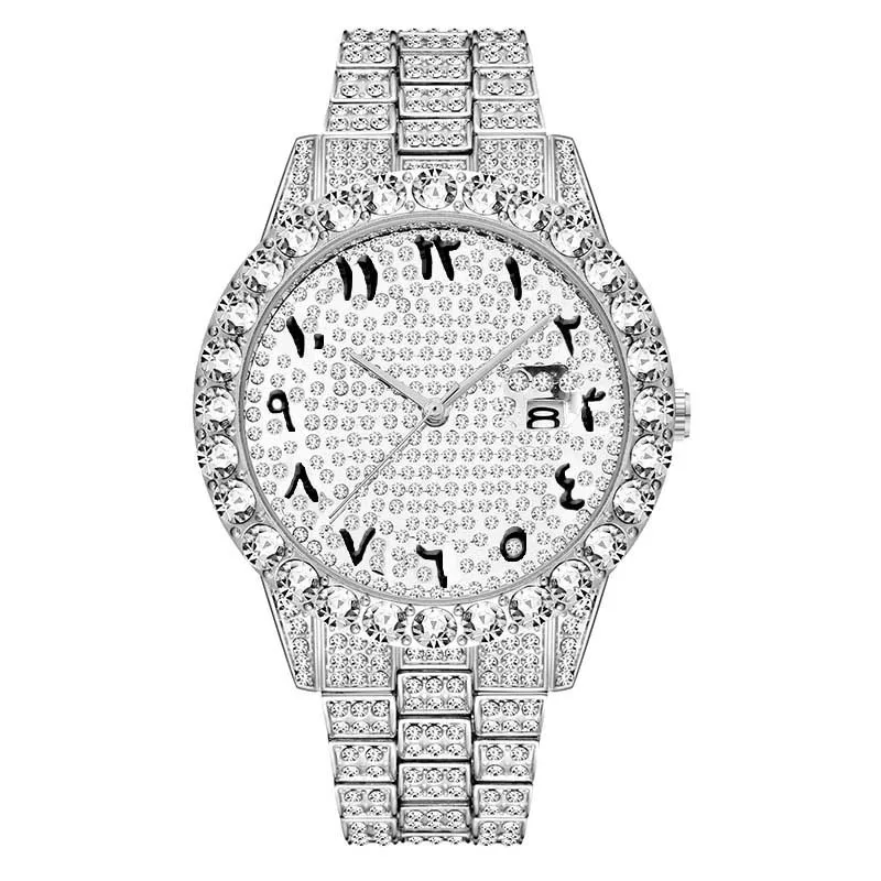 Offizielle Marke versand kostenfrei Herren diamant besetzte Edelstahl uhr Mode Hip Hop großes Zifferblatt Quarzuhr