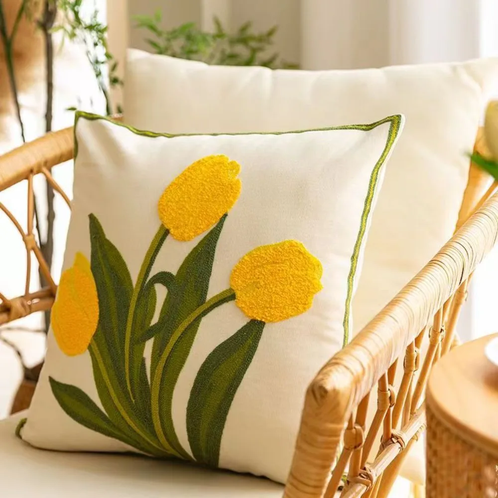 CIFBUY Tulip Orchid Embroidered Cushion Cover Soft Canvas Wild Floral Decorative Throw Pillow Case for Home Living Room Bedroom