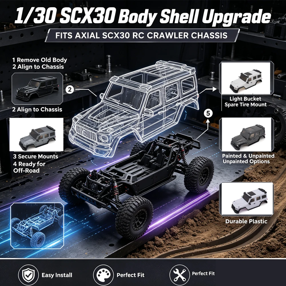 1/30 RC Car Body Shell Painted Unpainted W/ Light Bucket Mount Spare Tire Mount for Axial SCX30 RC Crawler Car Upgrade Parts