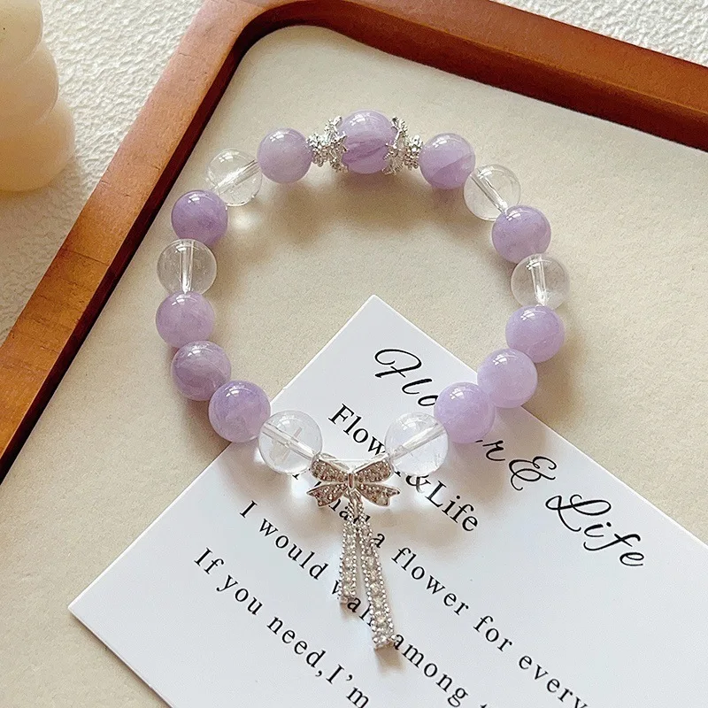 

Супер фея ~ натуральный лавандовый аметист, белый кристалл для женщин с микроинкрустацией, бантом, браслет из бисера, элитный на ощупь