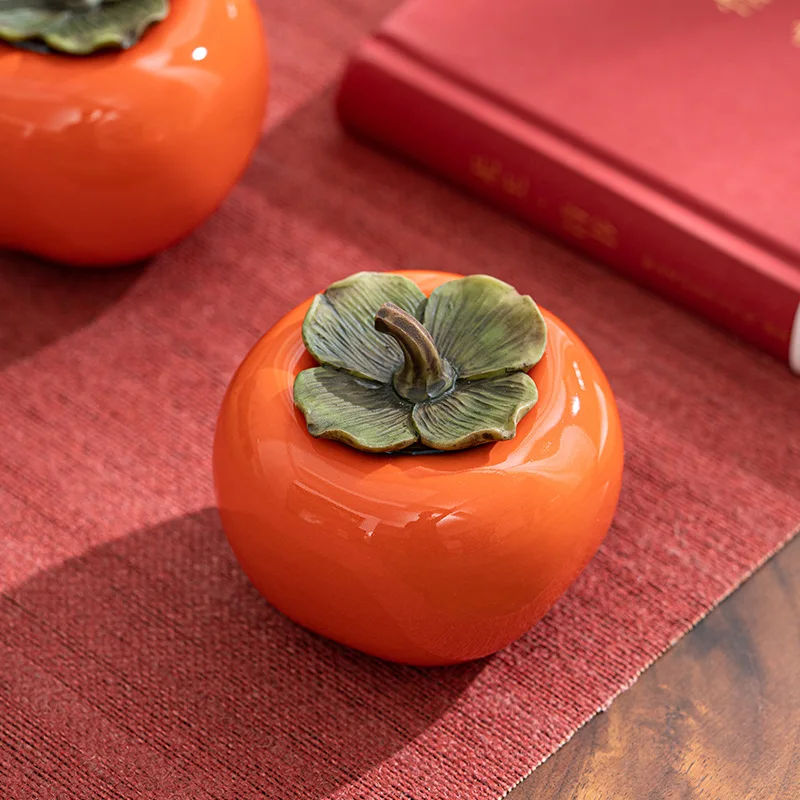 Lifelike Lovely Luster Color Glaze Persimmon Fruit Ceramics Ornament Tea Canister Candy Headphones Jewelry Storage Crafts Decor