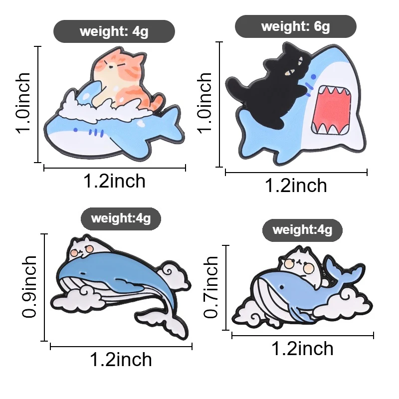 Cartoon Cat Riding Shark Whale Enamel Pin Cute Marine Whale Shark Carrying Kitten Flying Brooches Bag Lapel Badge Jewelry Gifts