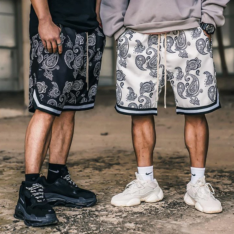 Men New Cashew Flower Shorts Trendy Hip-hop Loose Casual Outdoor Basketball Sport Summer Lace-up Elastic Waist Short Pant