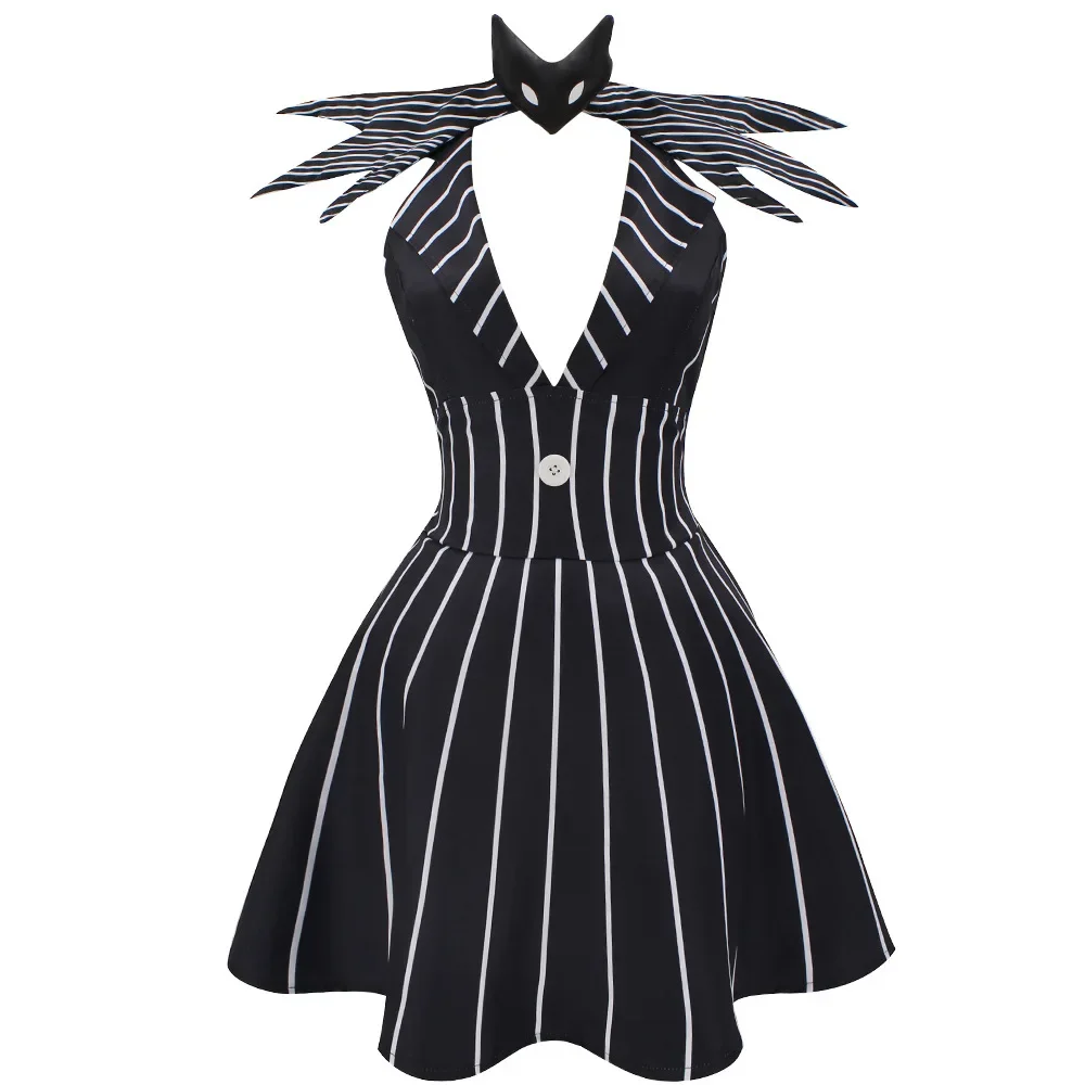 Jack Skellington V-neck Stripes Dress Cosplay Costume Halloween Carnival Party Outfits for Women