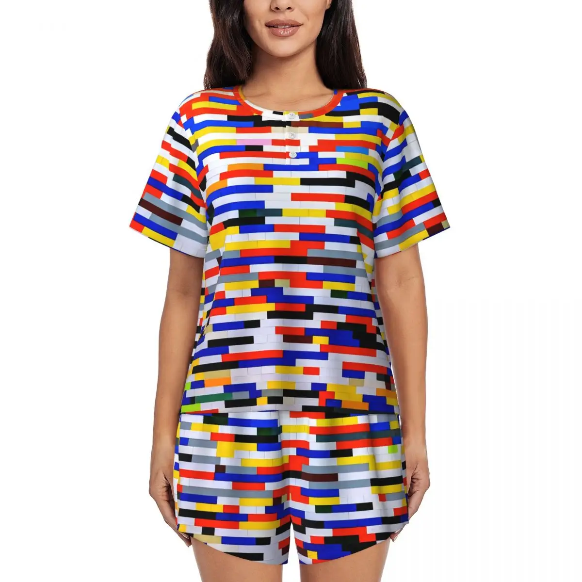 

Color Block Print Pajamas Summer Two Piece Abstract Art Fashion Pajama Sets Lady Short Sleeves O Neck Bedroom Custom Nightwear
