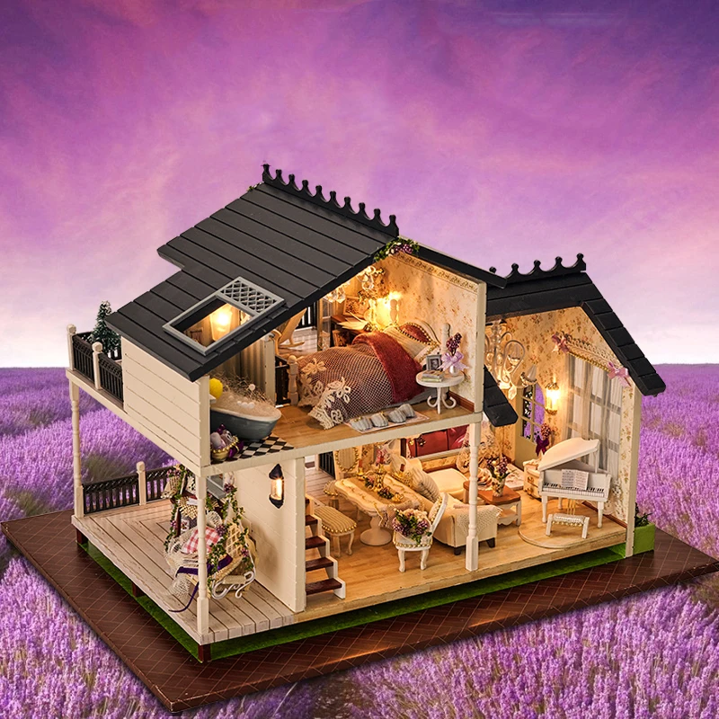 DIY Wooden Casa Doll Houses Miniature Building Kits Provence Lavender Dollhouse With Furniture Lights for Girls Birthday Gifts