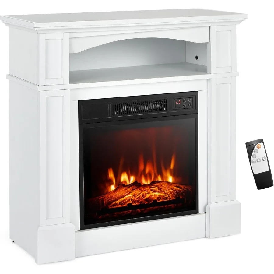 

32 Electric Fireplace with Mantel 1400W Freestanding Fireplace White Remote Control Overheat Protection Adjustable 3D Flame Tim