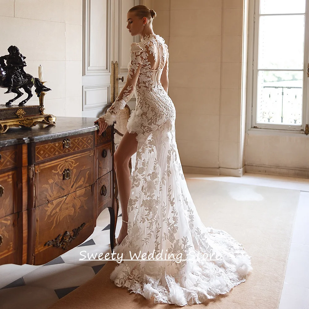 ชุดแต่งงานเซ็กซี่สำหรับเจ้าสาวหญิง ออกแบบตามสั่ง คอสูง แขนยาว แต่งลูกไม้ลายดอกไม้ ชายกระโปรงยาวแบบหางปลา ชุดเจ้าสาวแบบ Robe Mariee