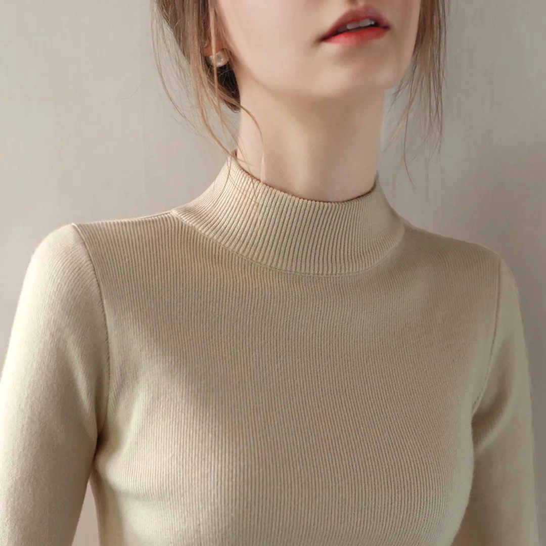 Spring Winter Fashion Women's Simple Basic Sweater Good Quality Strechy Slim Fit Long Sleeve Mock Neck Pullover Knitting Tops