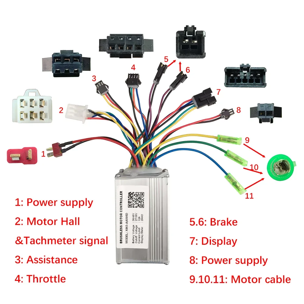 Ebike Brushless Motor Controller X863-AA005D 36V 48V 12A for 2HAO Protocol Electric Scooters MTB Accessories Speed Controller