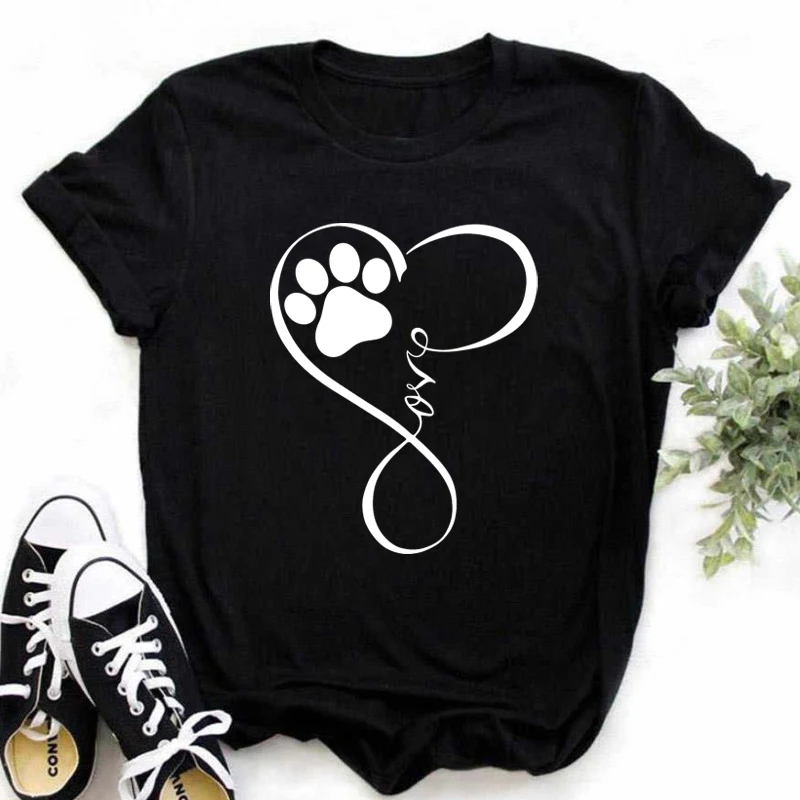 Women Dogs Paws Love Heart Printed T-shirts Fashion Summer Short Sleeve Lady Womens Clothes Tops T-Shirt Black Shirt Tees Female