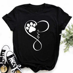 Women Dogs Paws Love Heart Printed T-shirts Fashion Summer Short Sleeve Lady Womens Clothes Tops T-Shirt Black Shirt Tees Female