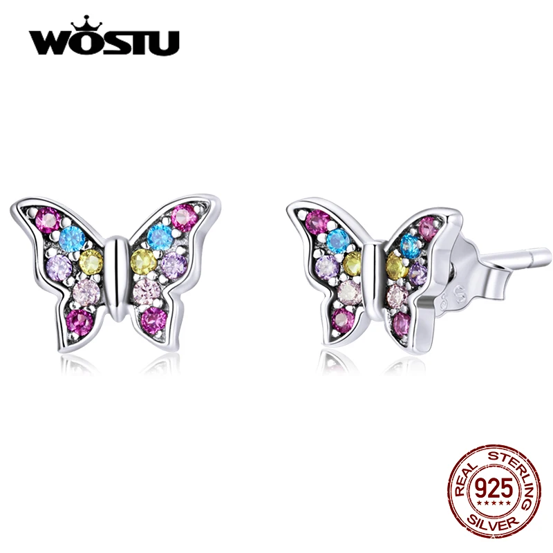 WOSTU 925 Sterling Silver Colorful butterfly Stud Earrings Ear Buckles Simple Zircon Earrings For Women Fine Silver Jewelry