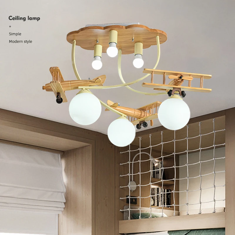 Wooden Plane Lamp Creative Airplane Chandelier Light for Nursery Room Children\'s Bedroom Ceiling Lights for Boy Kids LED E27