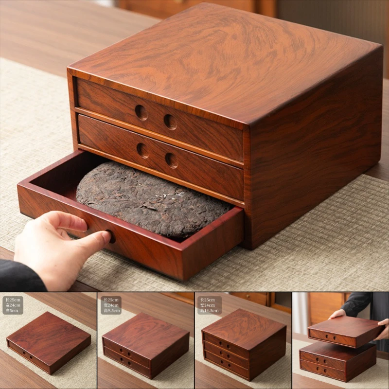 Chinese Style Single Double Triple Drawer Pu'er Tea Box Bamboo Material Tea Cake Storage Box Small Item Storage Box Drawer Style