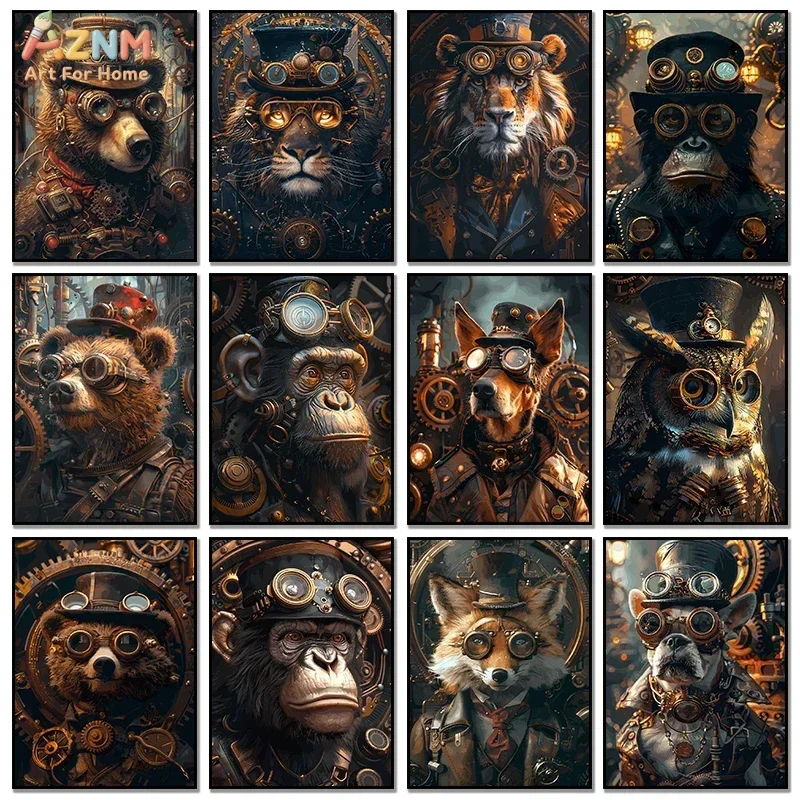 AZNM Steampunk Animal Canvas Wall Art Vintage Gear Bear Tiger Fox Owl Monkey Mechanical Poster Print Gothic Industrial Decor Unf