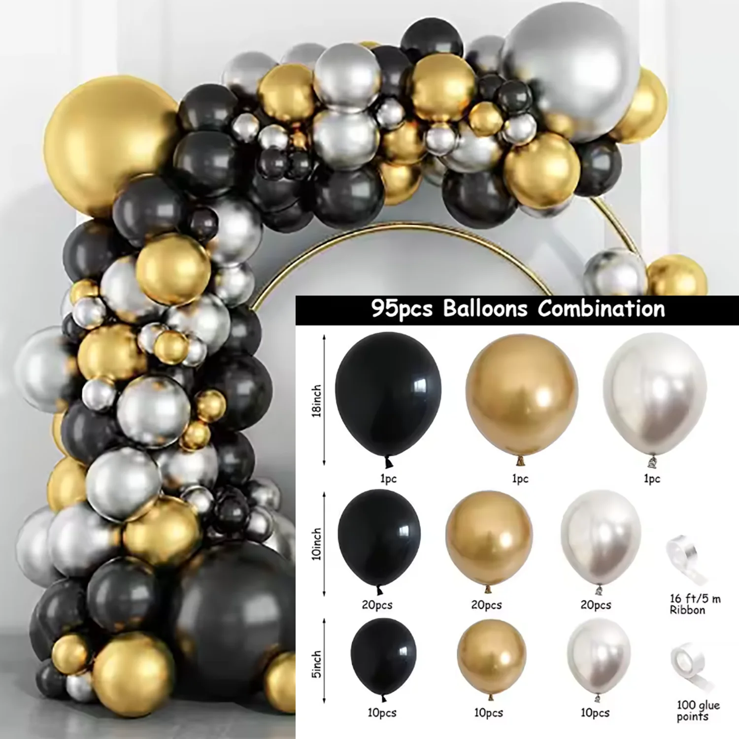 95pcs Black Gold Balloon Garland Arch Kit Latex Baloon Graduation Happy Birthday Balloons Decor Baby Shower Halloween Decor