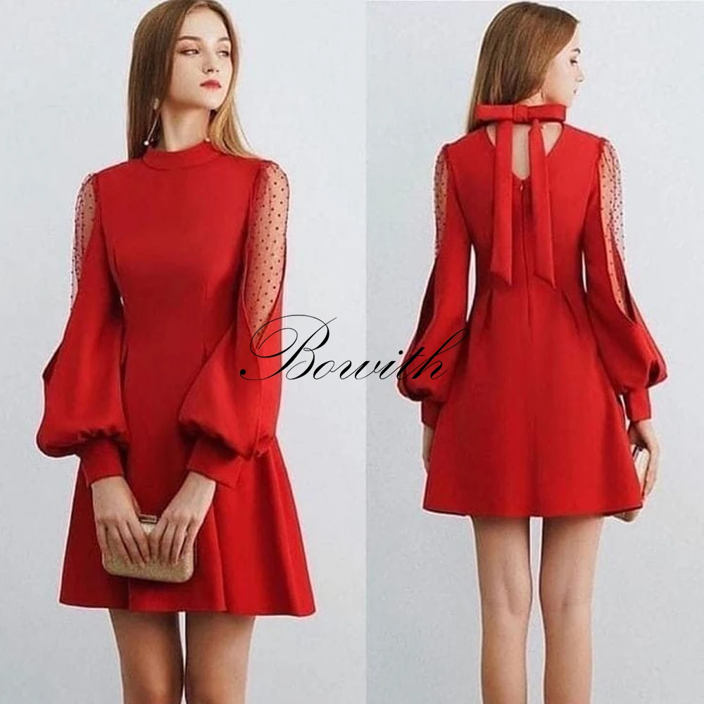 

Bowith Red Mini Party Dress O-Neck Bow Long Sleeves Illusion Short Prom Gown A-line Above Knee Evening Dresses Customized