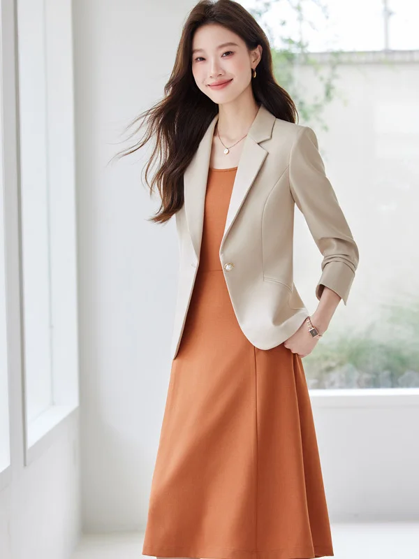Business Casual Short Women's  Jacket 2025 Autumn Commute Fashion Simple Versatile Polyester Fiber Long Sleeve Pure Color