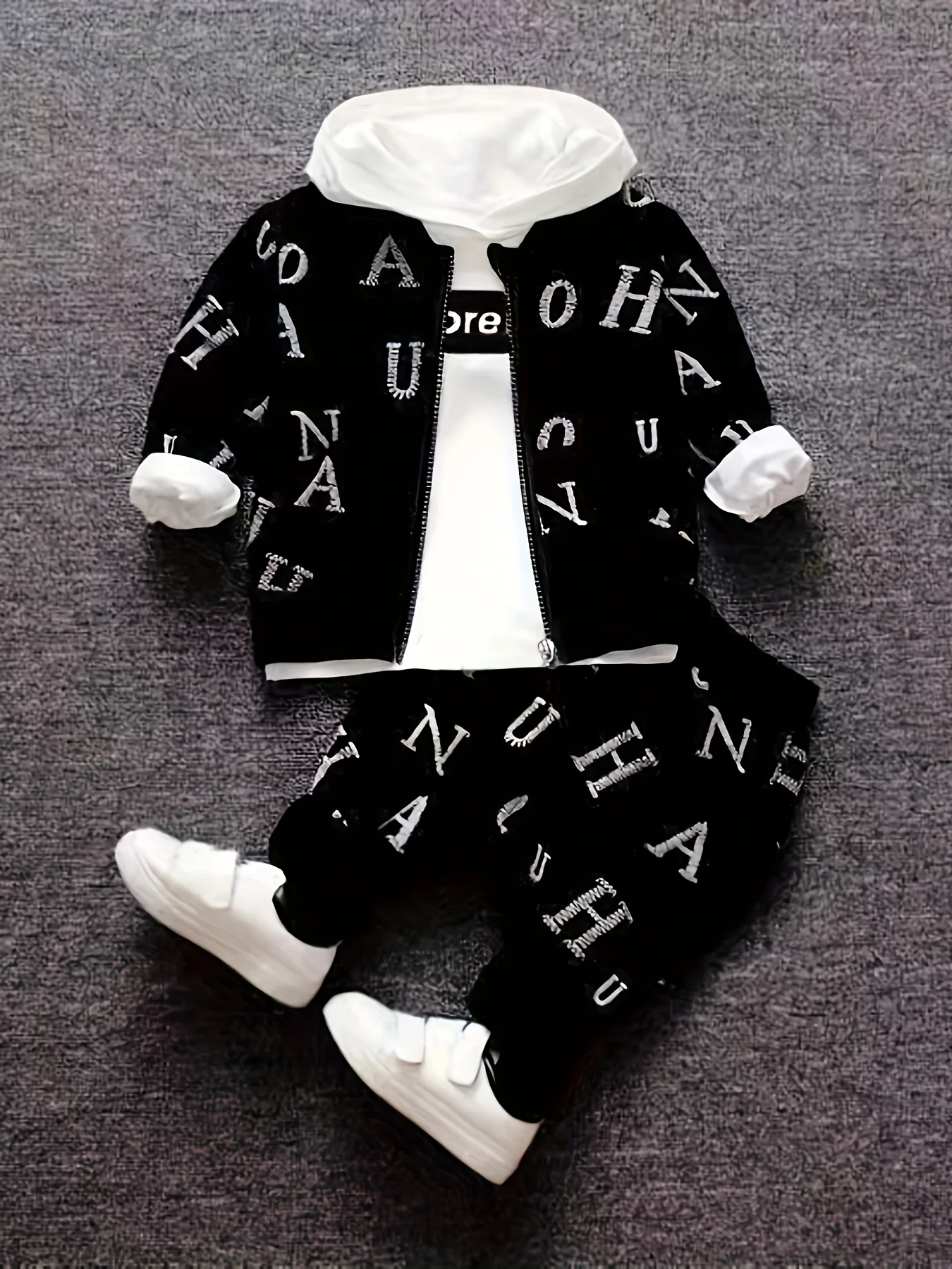 Toddler 3Pcs Letter Print Tracksuit Zip Up Jacket Red Hooded Sweatshirt Elastic Cuffed Jogger Pants Kids Streetwear Outfit Set