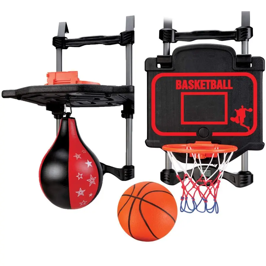 

Basketball amp Boxing Combo 2in1 Game Set with Adjustable Hoop amp Speed Bag, Scoreboard amp Sound Effects Fun Indoor Sports Toy