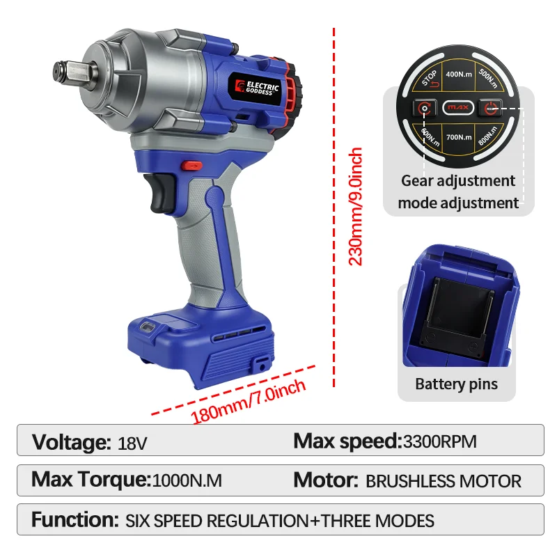 Electric Goddess Brushless Electric Impact Wrench 400-1000NM Adjustable Torque 1/2inch Cordless Tool For Makita 18V Battery Pin