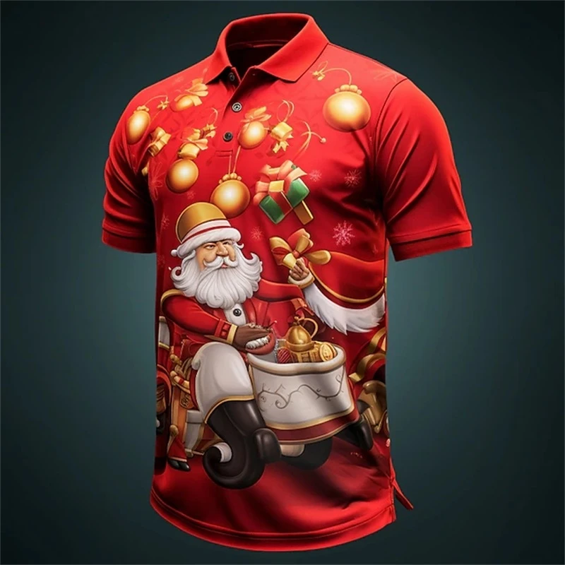 Christmas Santa Claus Polo Shirt For Men 3D Print Casual Short Sleeve Outdoor Daily Wear Golf Shirts Mens Button Tee Y2k Clothes