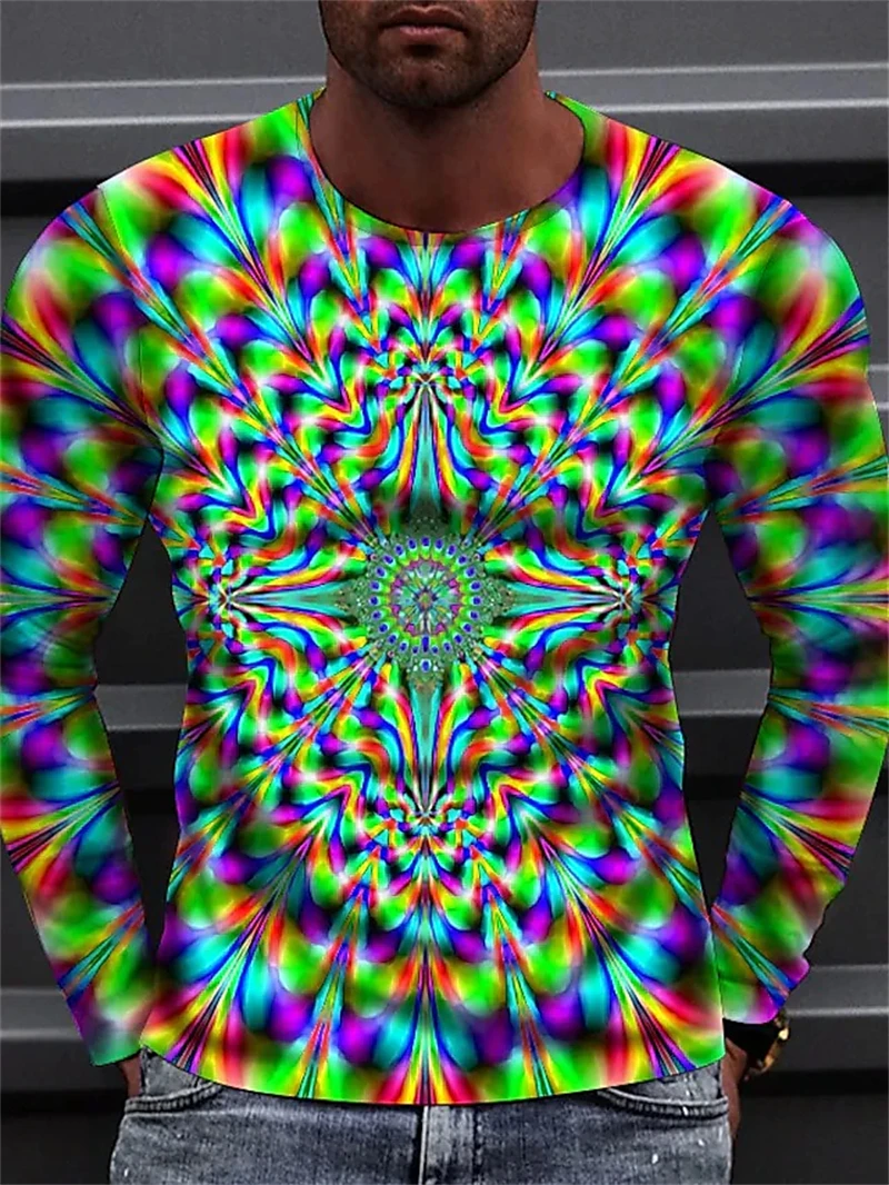 3D Psychedelic Graphic Print TShirt Men Long Sleeve Tees Tops Summer Funny Visual Feast Abstract Creativity Art Print T-Shirt