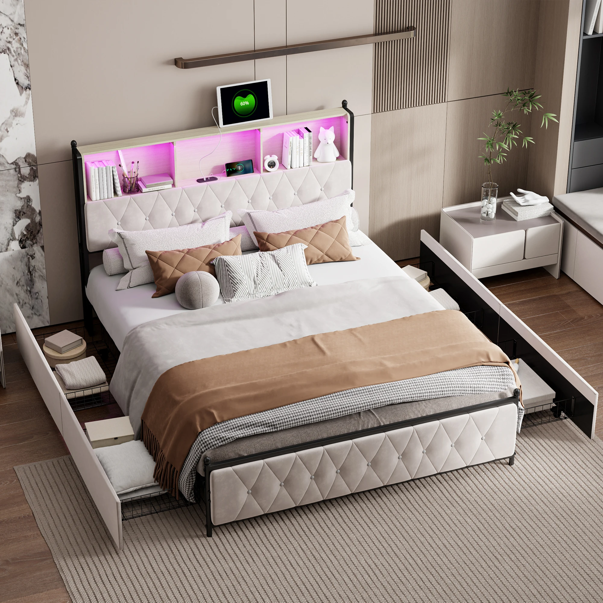 Upholstered Bed Frame with Charging Station and LED Lights, Metal Bed Frame with 4 Drawers