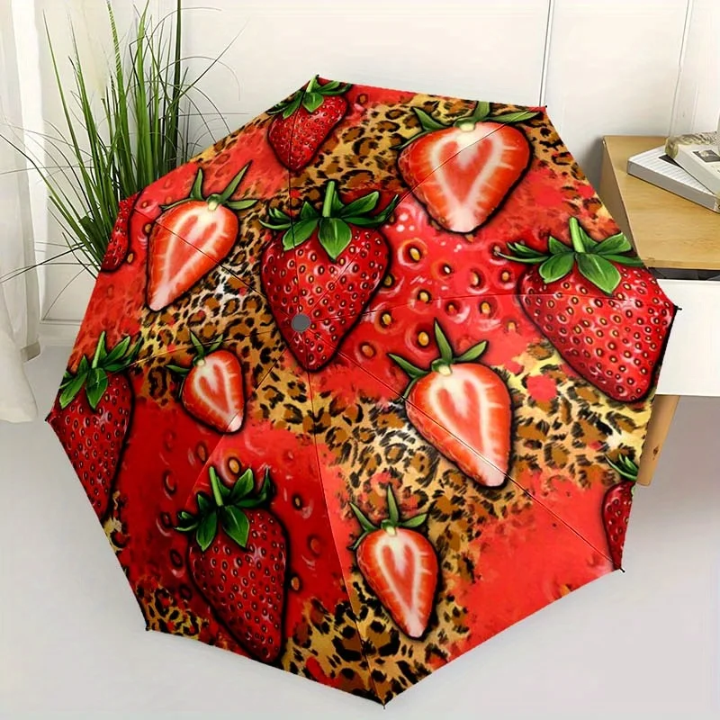 

1pc Leopard & Strawberry Print Automatic Folding Umbrella - Portable 8-Rib Foldable Design, Durable Plastic & Iron, Stylish Ca