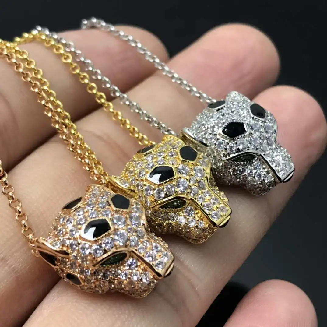 

Luxury 18K Solid Platinum PT950 certifid full diamond leopard head necklace 24K real gold emerald gemstone cheetah pendant
