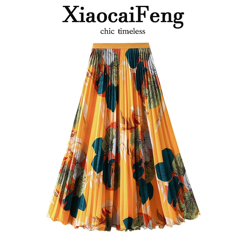 Bohemian Floral Pleated Midi Skirt Women's Spring Summer New Style Holiday Loose Fit Long Skirt with Inner   Style