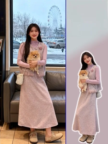 

Комплект из трех предметов для женщин больших размеров: повседневная футболка с высоким воротником, базовая блузка и длинная юбка-жилетка. Весенняя мода, теплый вариант.