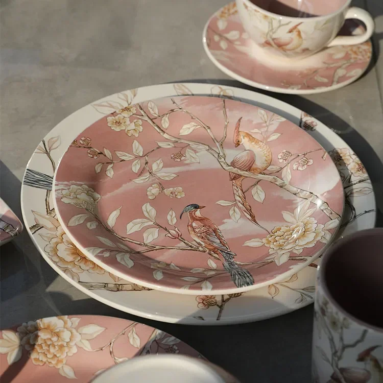 

French romantic pink flower ceramic flat plate underglazed dish steak decorative plate