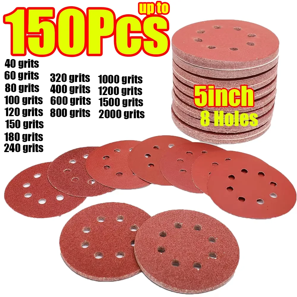 1-150Pcs 125mm 5inch Sanding Discs 8Hole Round Hole Hook Loop Sandpaper 40-2000 Grit Sanding Disc Abrasive Polishing Tools