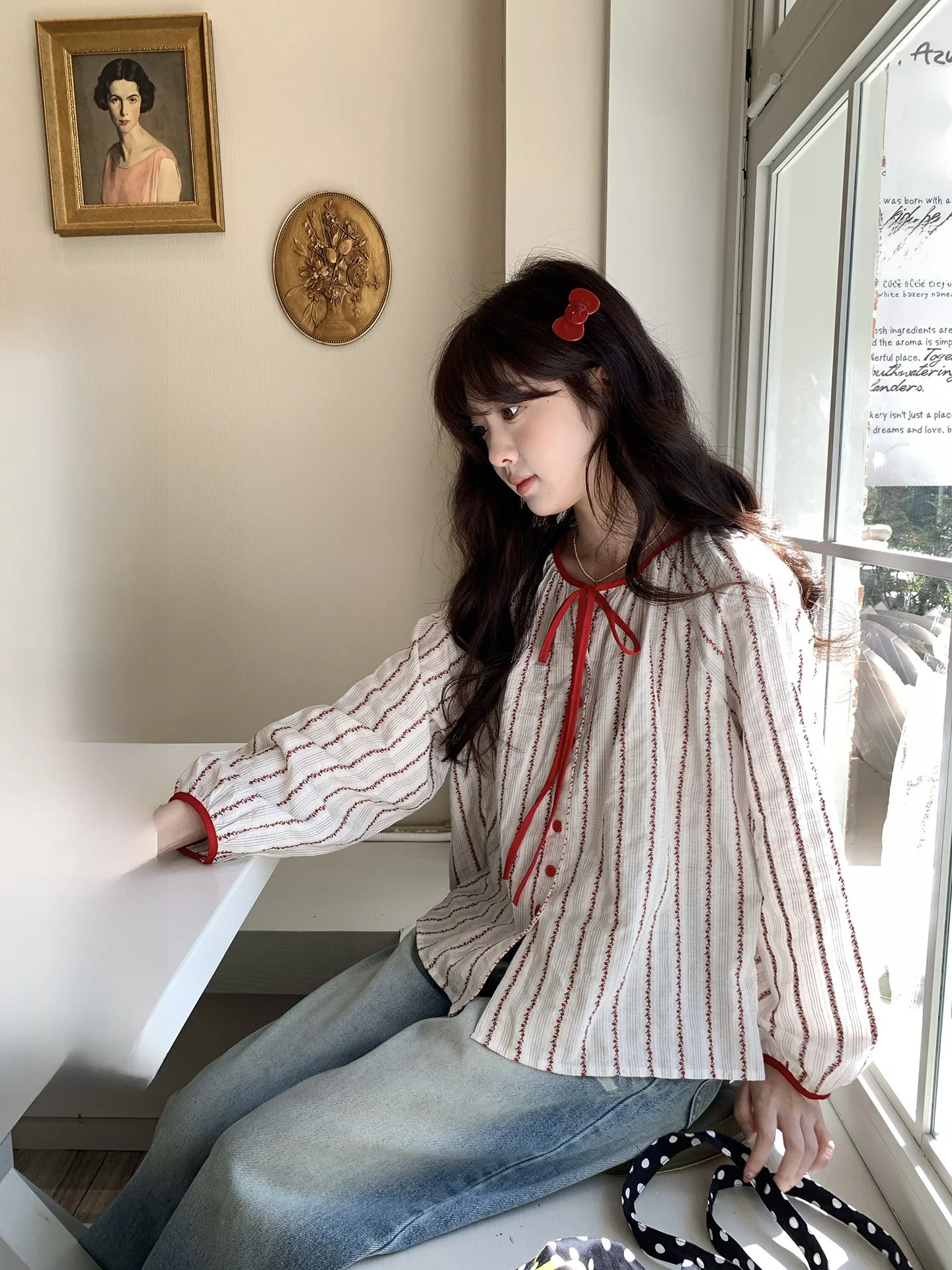 

Hollyii Korean Style Sweet Vertical Stripes Knot Tie Shirt Women's Spring New Arrival Slim Fit Long Sleeve ro...