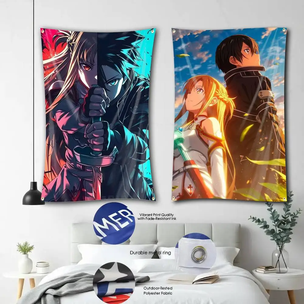 Kirito SAO Anime S-Sword Art O-Online Flag Tapestry Banner for Bedroom Living Room Outdoor Camping Custom Supported