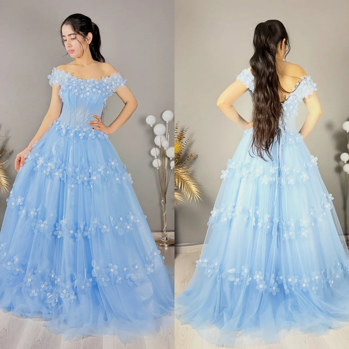 

Customized Arabic Prom Dresses A Line Sky Blue Appliqued Luxury Gowns Vestido de Fiesta for Women Brithday Evening Dress