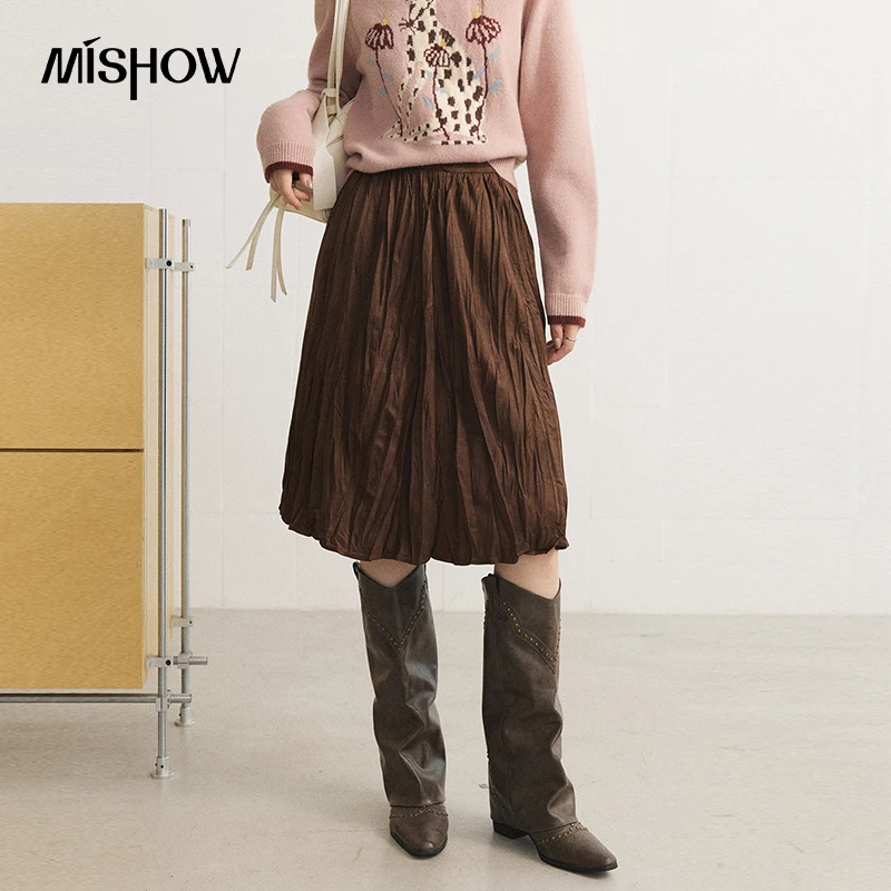 MISHOW Velvet Midi Skirts for Women Retro Irregular Ruched Texture A-line Skirt 2026 Fall Winter New Commuter Clothes MXF51B2639